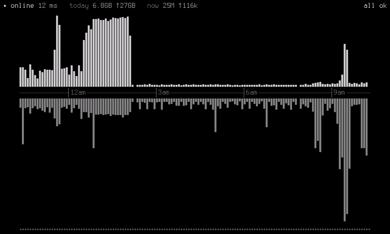 A black screen of grey bars: upload above a time axis running from late evening to morning, download hanging below it, with the line's status, today's totals and the current rate along the top