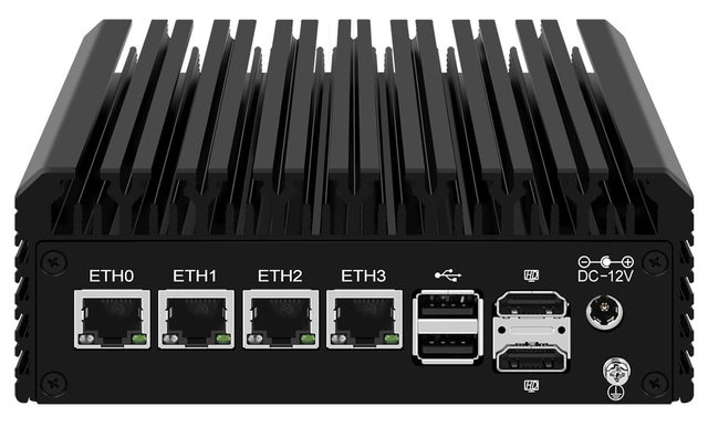 A small black fanless box with cooling fins on top and, on the front, four Ethernet ports labelled ETH0 to ETH3, two USB ports, two HDMI ports and a 12 V power jack