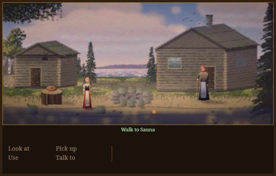 A painted village scene in soft dawn light: two log houses, spruces and a lake behind them, a girl in a red skirt by a cold ring of hearth stones, an old woman with a stick by the door, and the verbs Look at, Pick up, Use and Talk to under the picture